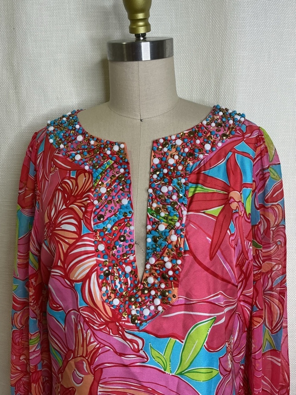 Lilly Pulitzer Pink Floral Beaded Tunic Dress Size 10 Resort Chic - Picture 2 of 11